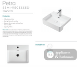 Fienza RB4044 Petra 1 Tap Hole Semi Recessed Basin White - Basins