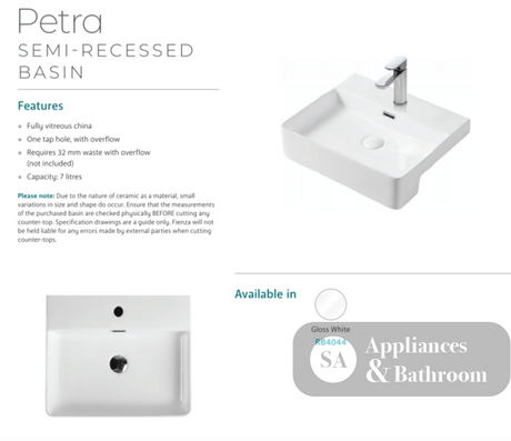 Fienza RB4044 Petra 1 Tap Hole Semi Recessed Basin White - Basins