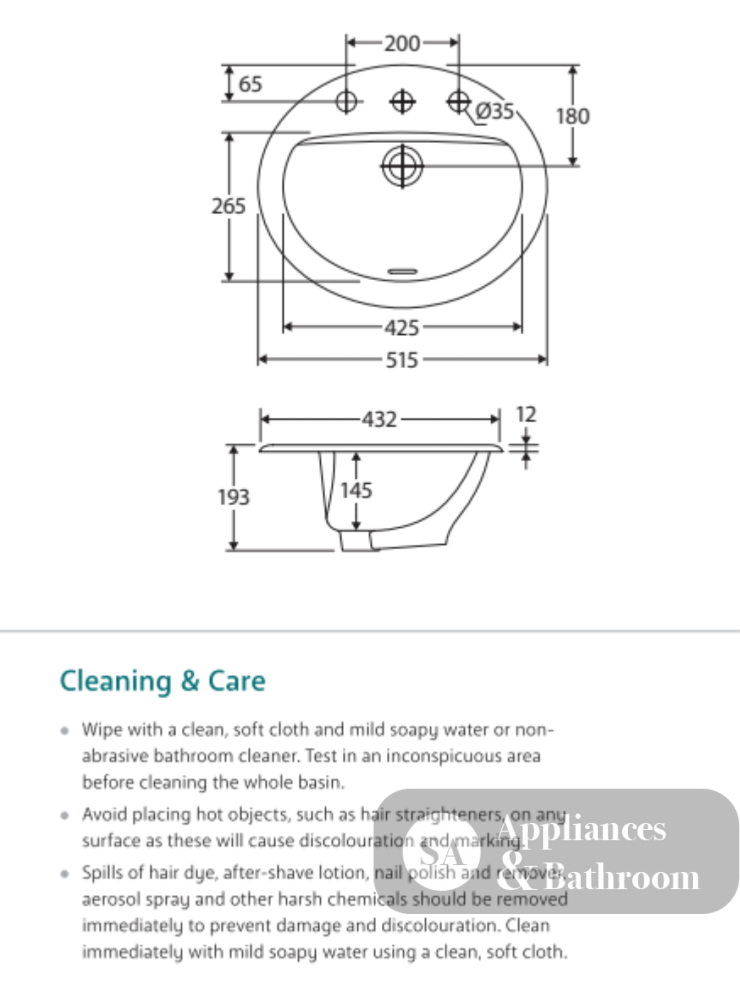 Fienza RB405-1 Stella Inset Basin 1 Tap Hole White - Basins