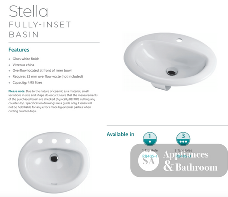 Fienza RB405-3 Stella Inset Basin 3 Tap Holes White - Basins
