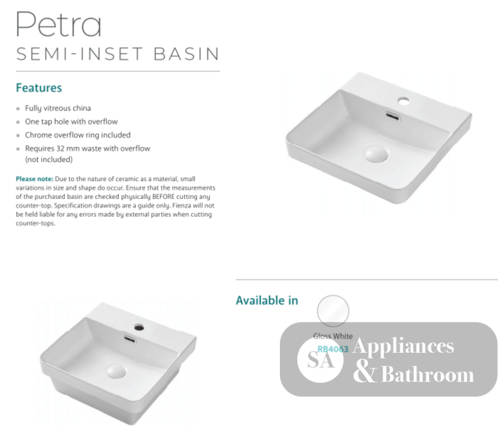 Fienza RB4063 Petra 1 Tap Hole Semi Inset Basin White - Basins