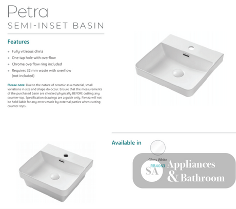 Fienza RB4063 Petra 1 Tap Hole Semi Inset Basin White - Basins