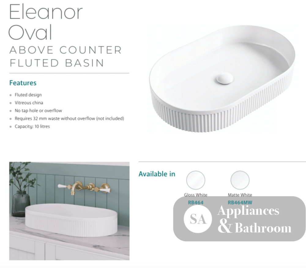 Fienza RB464MW Eleanor Oval Above Counter Basin Matte White - Basins