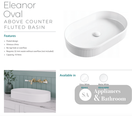 Fienza RB464MW Eleanor Oval Above Counter Basin Matte White - Basins