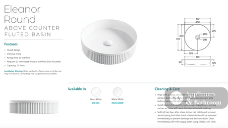 Fienza RB465MW Eleanor Round Above Counter Basin Matte White - Basins