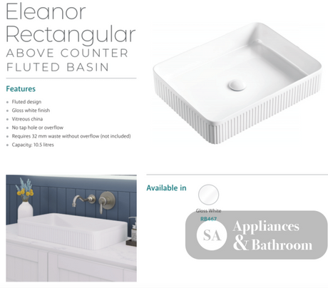 Fienza RB467 Eleanor Rectangular Above Counter Basin White - Basins