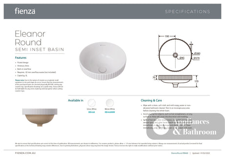 Fienza RB468 Eleanor Round Semi Inset Basin with Overflow Gloss White - Basins