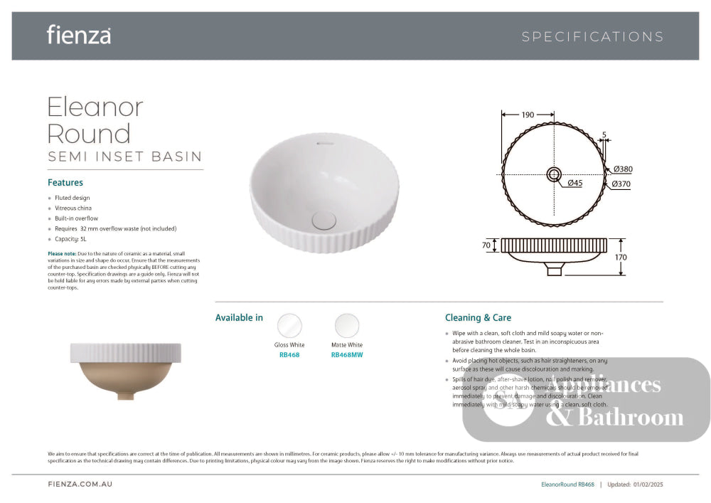 Fienza RB468MW Eleanor Round Semi Inset Basin with Overflow Matte White - Basins