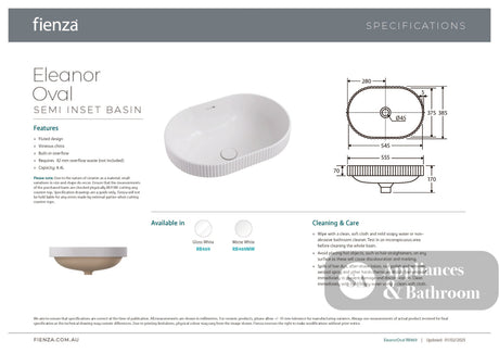 Fienza RB469MW Eleanor Oval Semi Inset Basin with Overflow Matte White - Basins