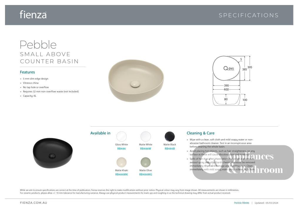 Fienza RB486 Pebble Small Above Counter Basin Gloss White - Basins