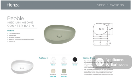 Fienza RB487 Pebble Medium Above Counter Basin Gloss White - Basins