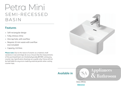 Fienza RB5050 Petra Semi Recessed 1 Tap Hole Mini Basin White - Basins
