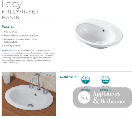 Fienza RB506A Inset Lacy Basin 1 Tap Hole White - Basins