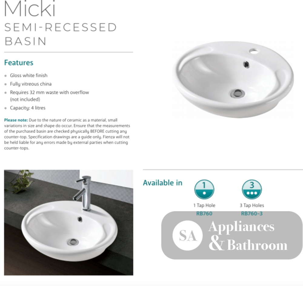 Fienza RB760 Micki 1 Tap Hole Semi Recessed Basin White - Basins