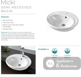 Fienza RB760 Micki 1 Tap Hole Semi Recessed Basin White - Basins