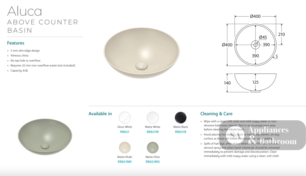 Fienza RB821 Aluca Above Counter Basin Gloss White - Basins