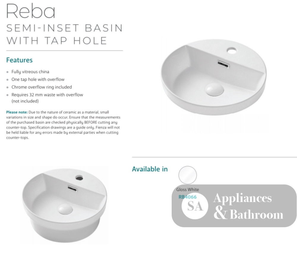 Fienza Reba RB4066 Semi Inset Basin with 1 Tap Hole White - Basins