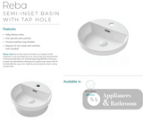 Fienza Reba RB4066 Semi Inset Basin with 1 Tap Hole White - Basins