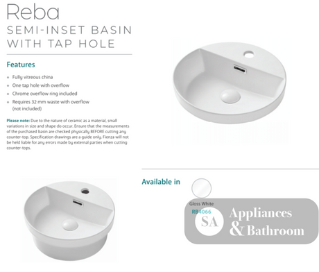 Fienza Reba RB4066 Semi Inset Basin with 1 Tap Hole White - Basins