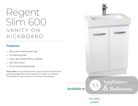 Fienza Regent 60Vkw Slim 600Mm White Vanity Unit - Special Order Units