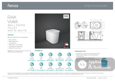 Fienza RKT1347MWA-GE Rak Valet Wall Faced Toilet Suite S Trap Geberit Sigma Cistern No Button Matte White - In Wall