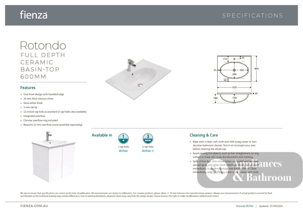 Fienza ROT60SK Rotondo Edge Scandi Oak 600 Vanity On Kickboard - Vanity Units