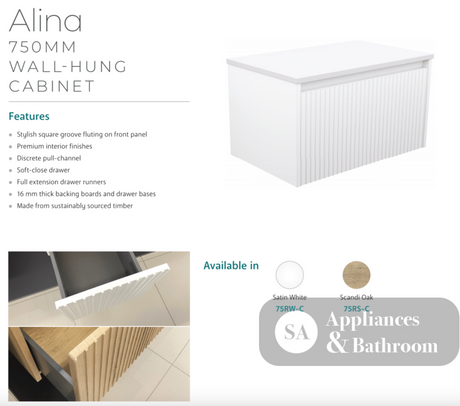 Fienza ROT75RW Rotondo Alina White 750 Wall-Hung Vanity - Vanity Units