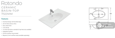 Fienza ROT75RW Rotondo Alina White 750 Wall-Hung Vanity - Vanity Units