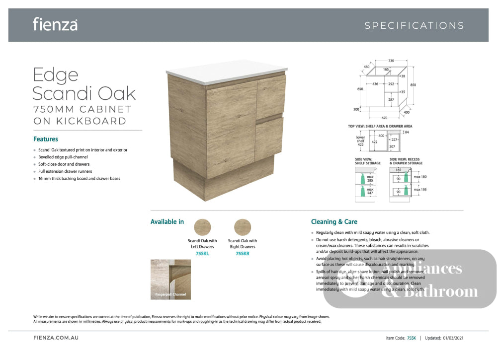 Fienza ROT75SKL Rotondo Edge Scandi Oak 750 Vanity On Kickboard Left Drawers - Vanity Units