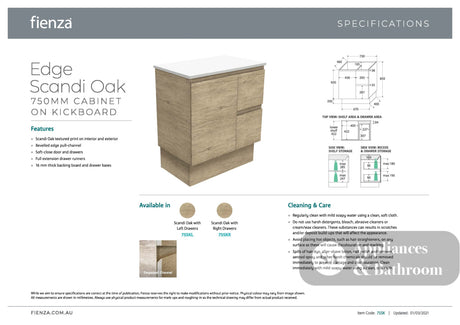Fienza ROT75SKL Rotondo Edge Scandi Oak 750 Vanity On Kickboard Left Drawers - Vanity Units