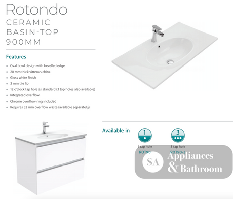 Fienza Rotondo 900Mm Rot90Tk Hampton White Vanity Unit On Kickboard - Special Order Units