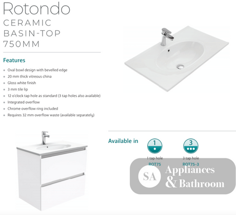 Fienza Rotondo Hampton 750Mm Rot75Tk White Vanity Unit On Kickboard- Special Order Units