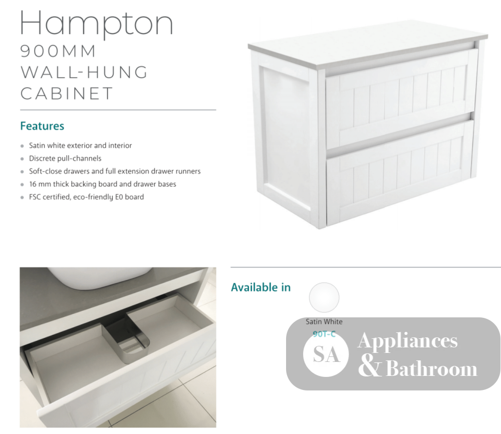 Fienza Rotondo Hampton Rot90T 900Mm White Wall Hung Vanity Unit - Special Order Units