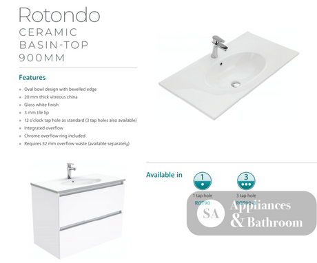 Fienza Rotondo Hampton Rot90T 900Mm White Wall Hung Vanity Unit - Special Order Units