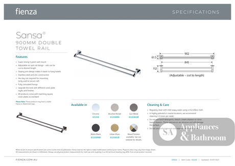 Fienza Sansa Double Towel Rail 900nn 83208GM - Gunmetal Grey - Double Towel Rail