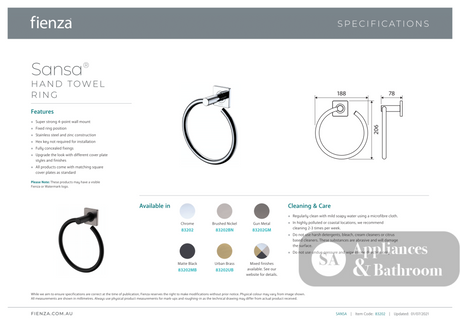 Fienza Sansa Hand Towel Ring 83202MB - Matte Black - Hand Towel Holder