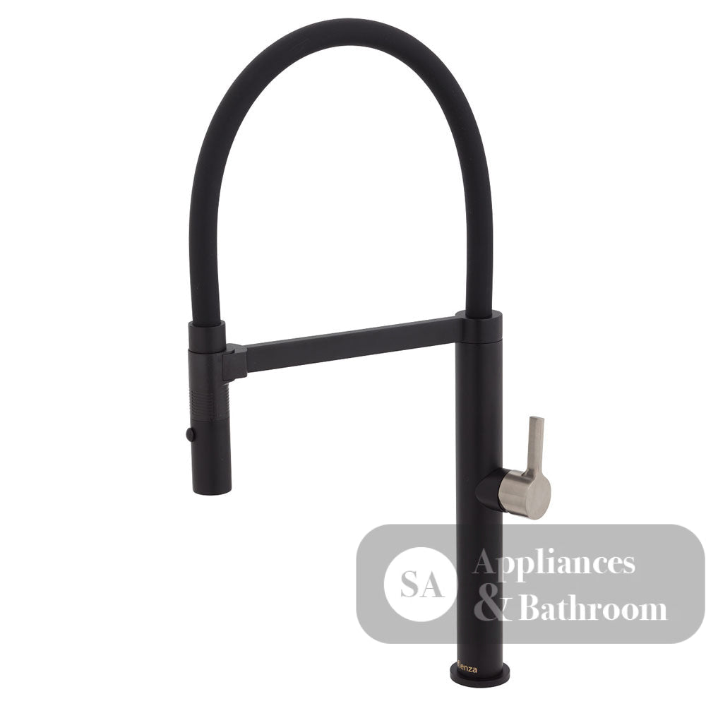 Fienza Sansa Pull Down Sink Mixer - Matte Black - Matte Black / Brushed Nickel Handle - Kitchen Mixer Taps