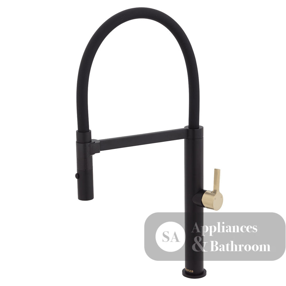 Fienza Sansa Pull Down Sink Mixer - Matte Black - Matte Black / Urban Brass Handle - Kitchen Mixer Taps