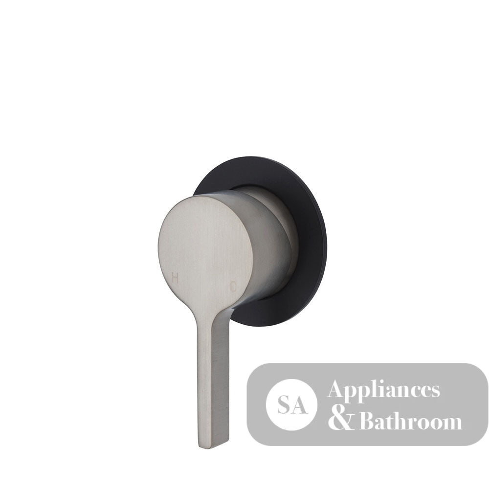 Fienza Sansa Small Round Plate Wall Mixer - Brushed Nickel - Brushed Nickel / Matte Black Backplate - Wall Mixer