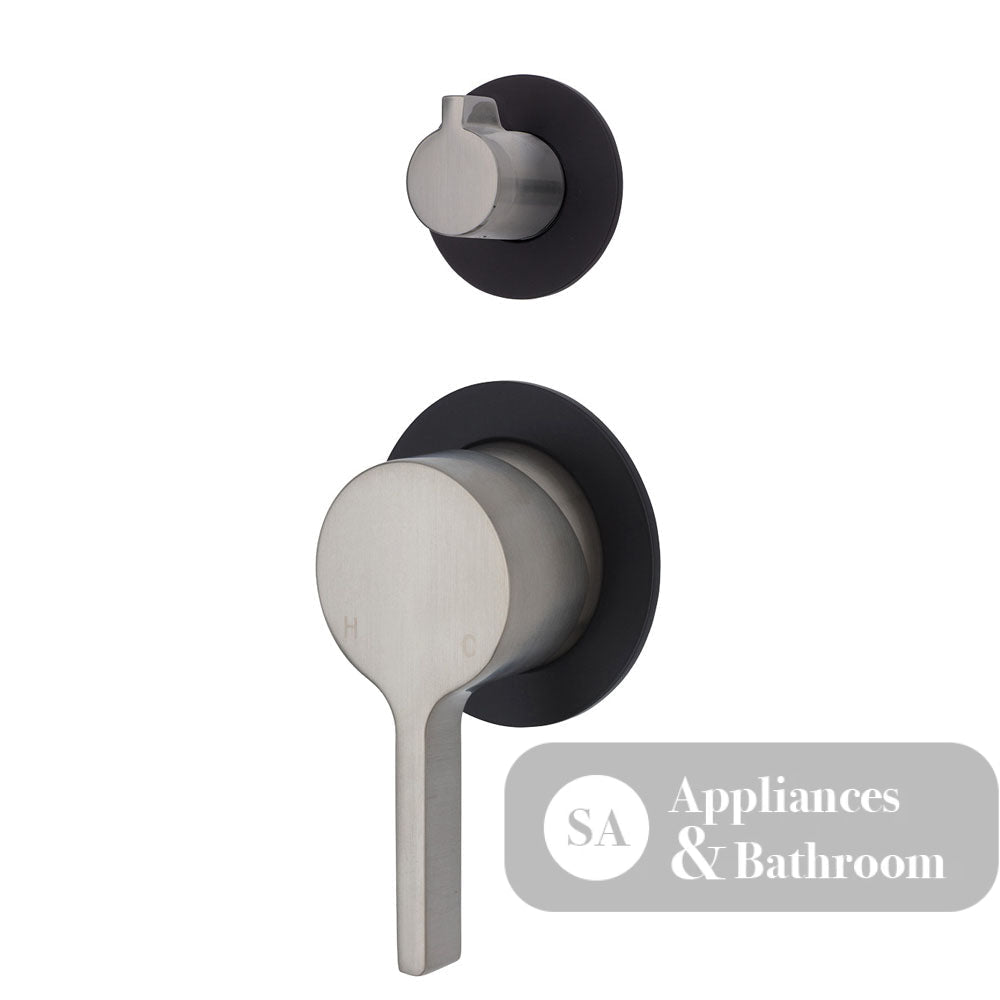 Fienza Sansa Small Round Plates Wall Diverter Mixer - Brushed Nickel - Brushed Nickel / Matte Black Backplate - Wall