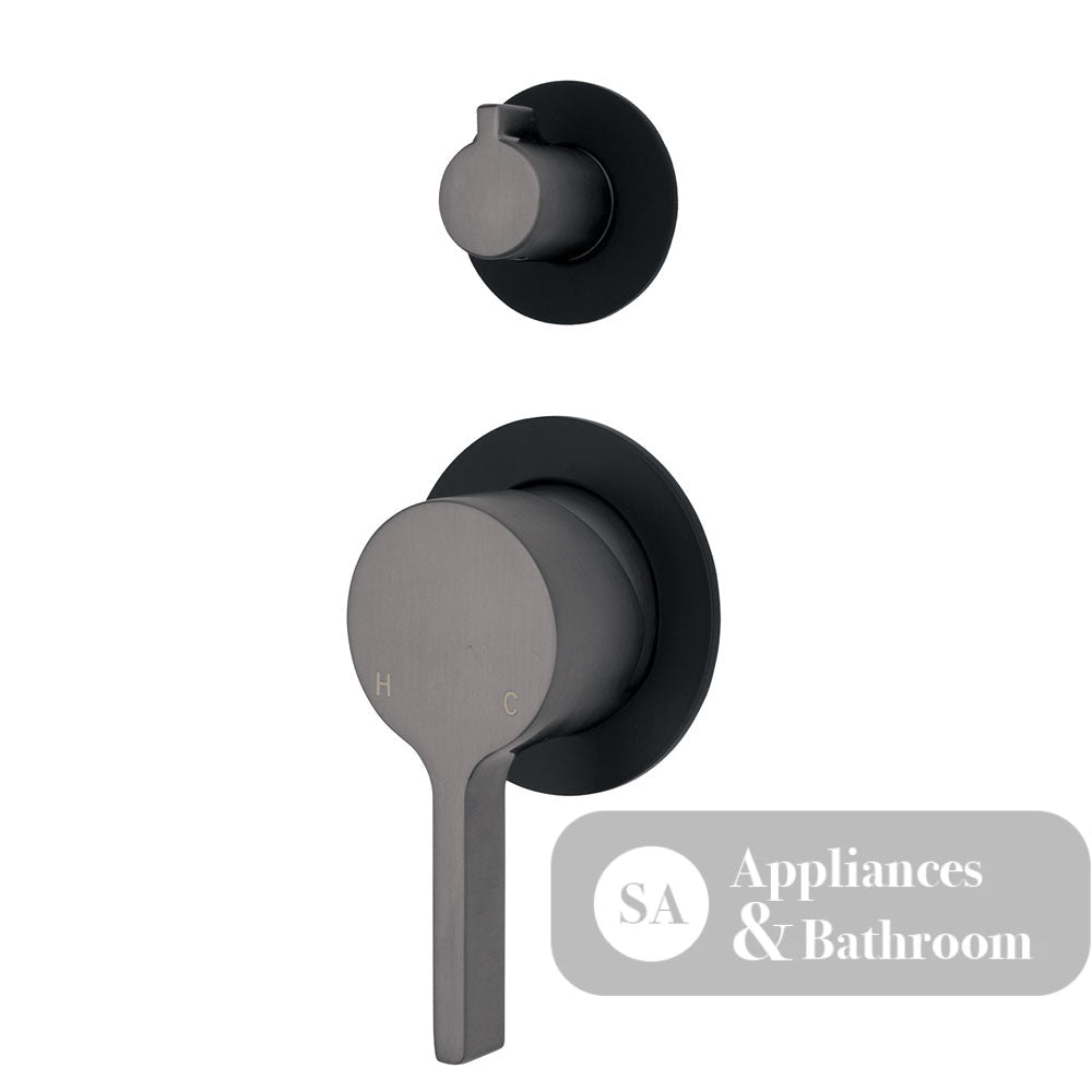 Fienza Sansa Small Round Plates Wall Diverter Mixer - Gunmetal Grey - Gunmetal Grey / Matte Black Backplate - Wall