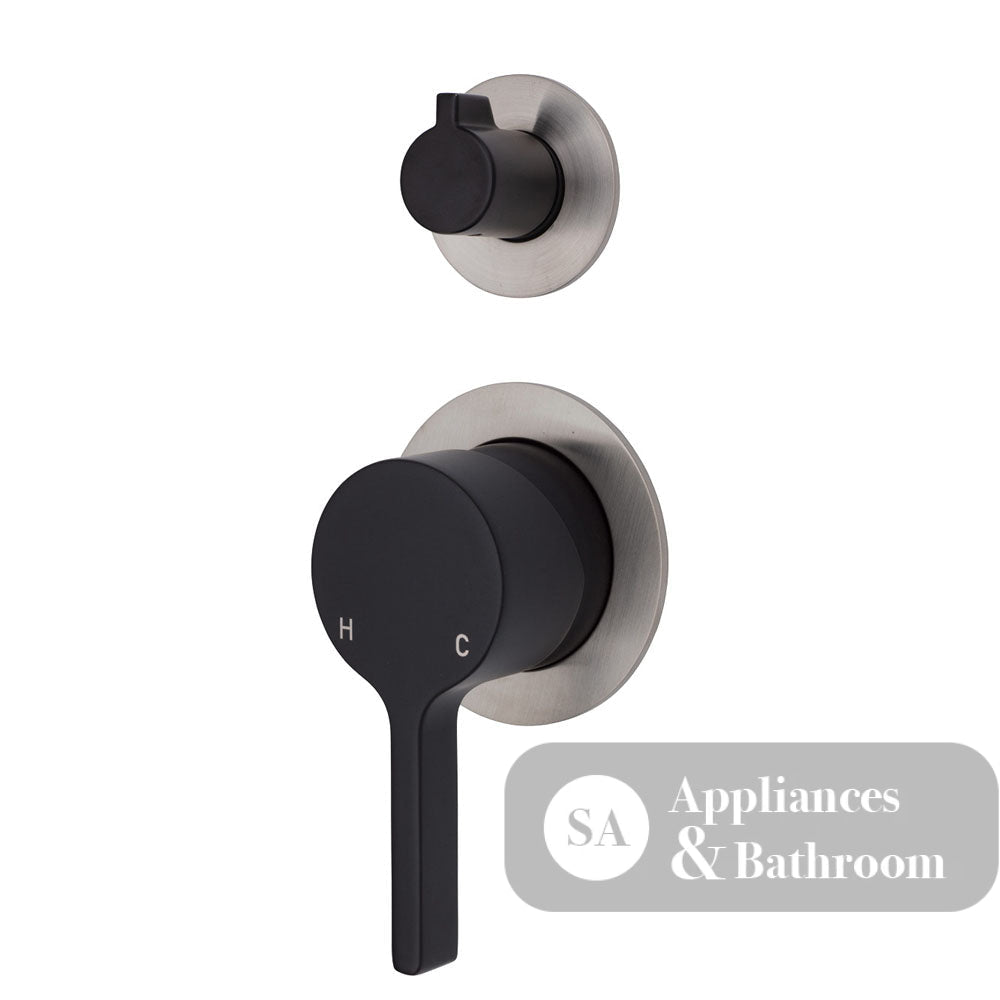 Fienza Sansa Small Round Plates Wall Diverter Mixer - Matte Black - Matte Black / Brushed Nickel Backplate - Wall Mixer