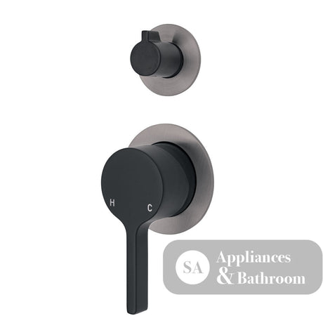 Fienza Sansa Small Round Plates Wall Diverter Mixer - Matte Black - Matte Black / Gunmetal Grey Backplate - Wall Mixer