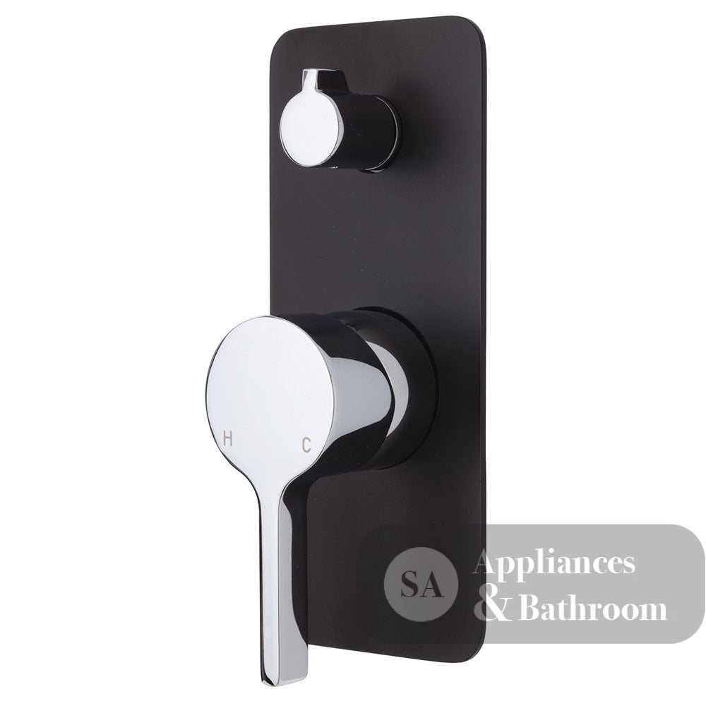 Fienza Sansa Soft Square Plate Wall Diverter Mixer - Chrome - Chrome / Matte Black Backplate - Wall Mixer Diverter