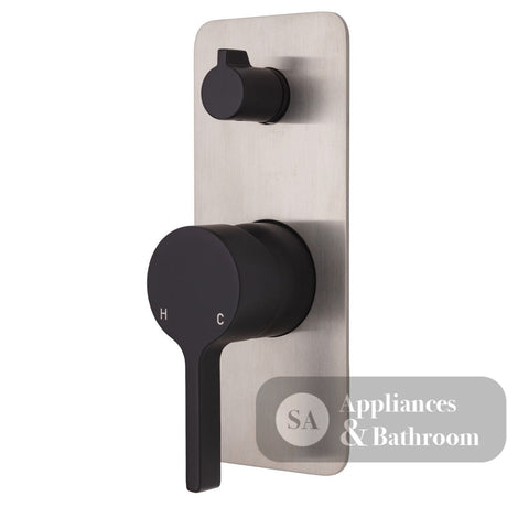 Fienza Sansa Soft Square Plate Wall Diverter Mixer - Matte Black - Matte Black / Brushed Nickel Backplate - Wall Mixer