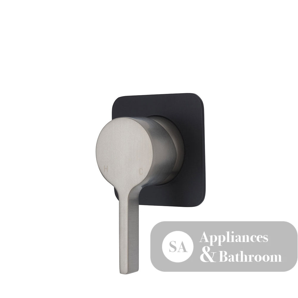 Fienza Sansa Soft Square Plate Wall Mixer - Brushed Nickel - Brushed Nickel / Matte Black Backplate - Wall Mixer