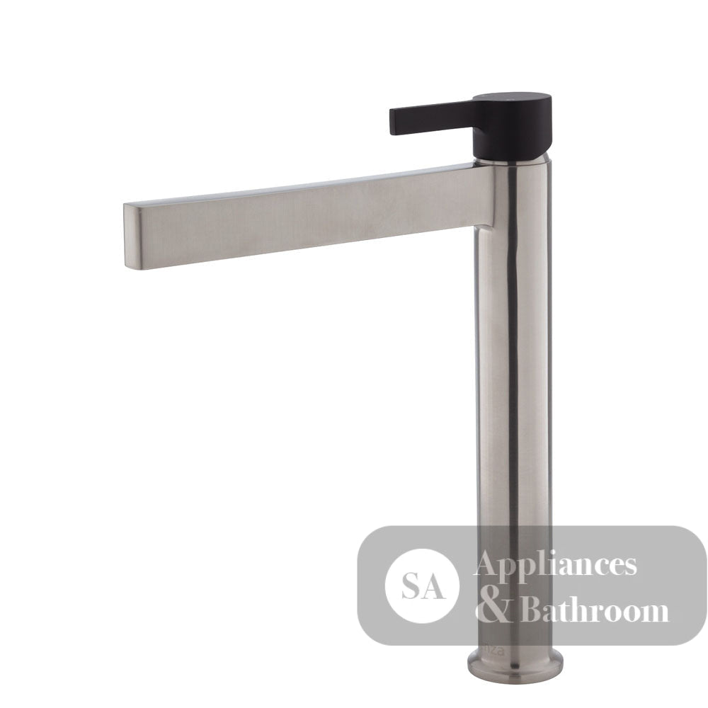 Fienza Sansa Tall Basin Mixer - Brushed Nickel - Brushed Nickel / Matte Black Handle - Tower Basin Mixer