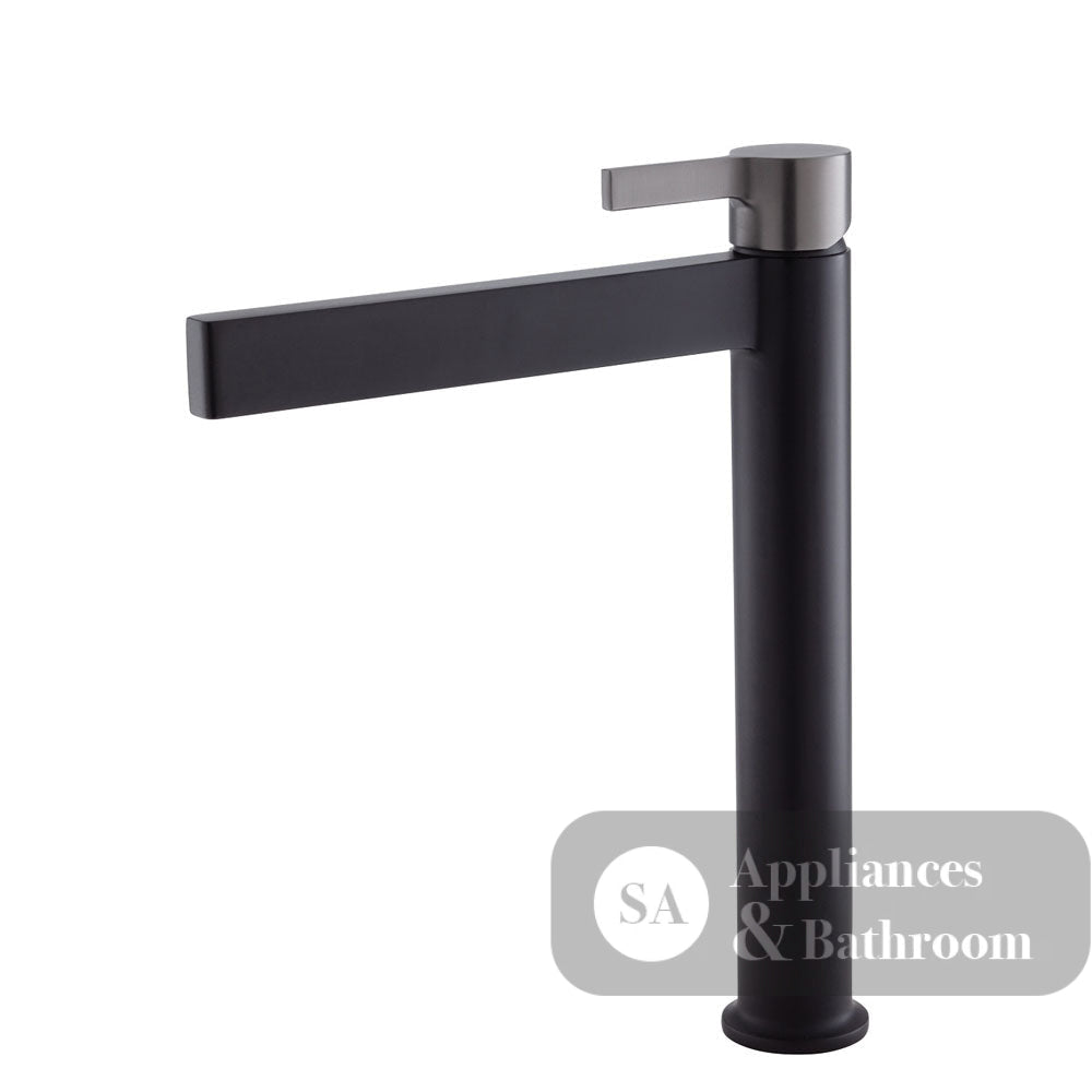 Fienza Sansa Tall Basin Mixer - Matte Black - Matte Black / Gunmetal Grey Handle - Tower Basin Mixer