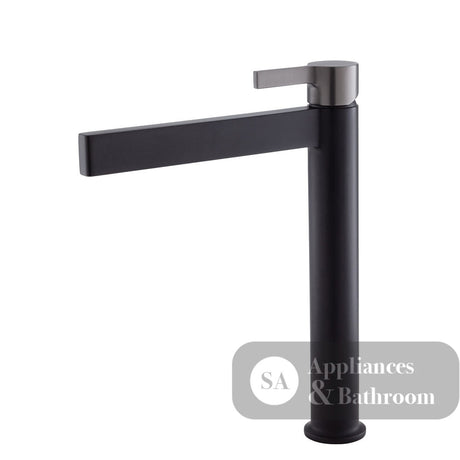 Fienza Sansa Tall Basin Mixer - Matte Black - Matte Black / Gunmetal Grey Handle - Tower Basin Mixer