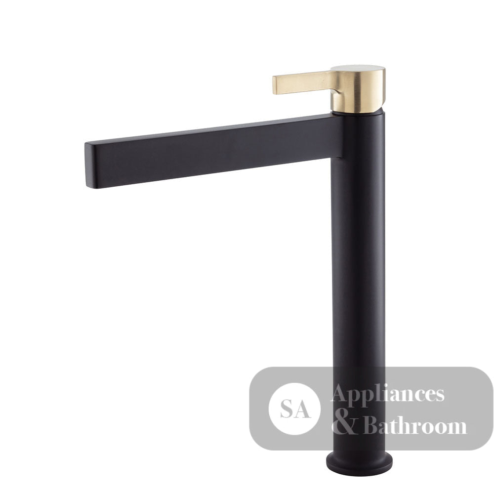 Fienza Sansa Tall Basin Mixer - Matte Black - Matte Black / Urban Brass Handle - Tower Basin Mixer